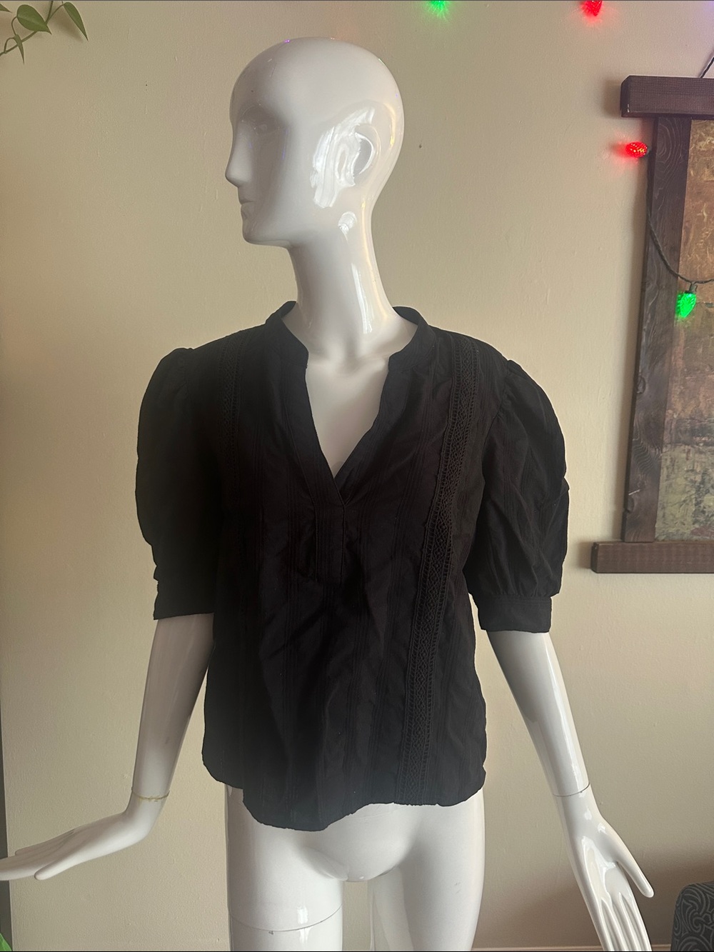 Mavi Black Puff Sleeve V-Neck Blouse with Lace Panels
